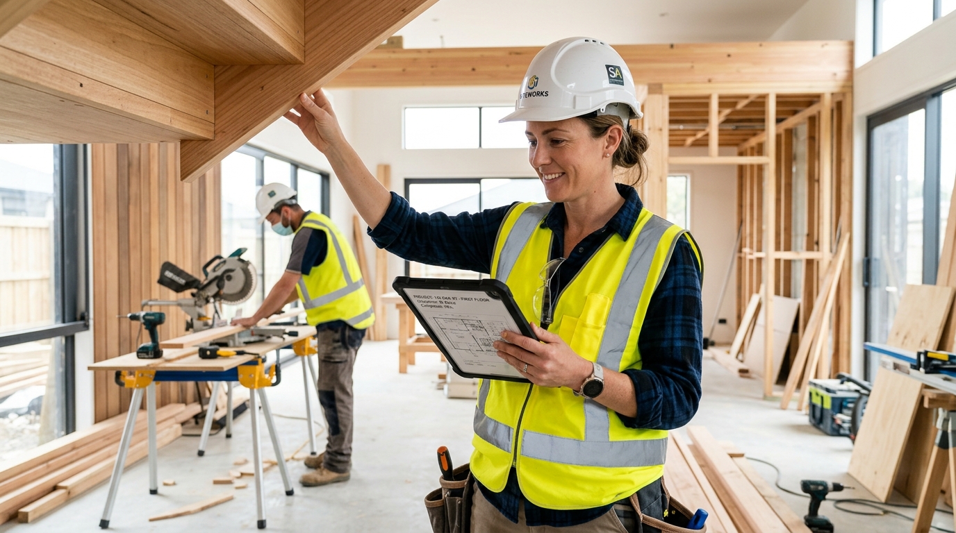 Professional General Contractor Site Manager Inspecting House Renovation with Tablet