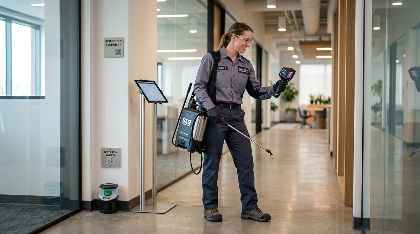 Professional Pest Control Technician Inspecting Commercial Property with Thermal Scanner and Spray Equipment