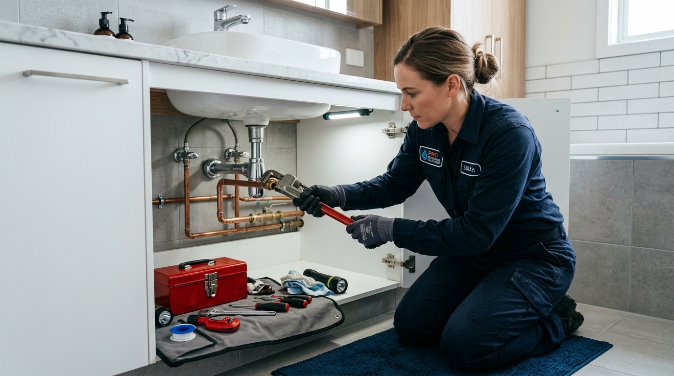 Professional Plumbing Technician Repairing Water Copper Piping Under Sink