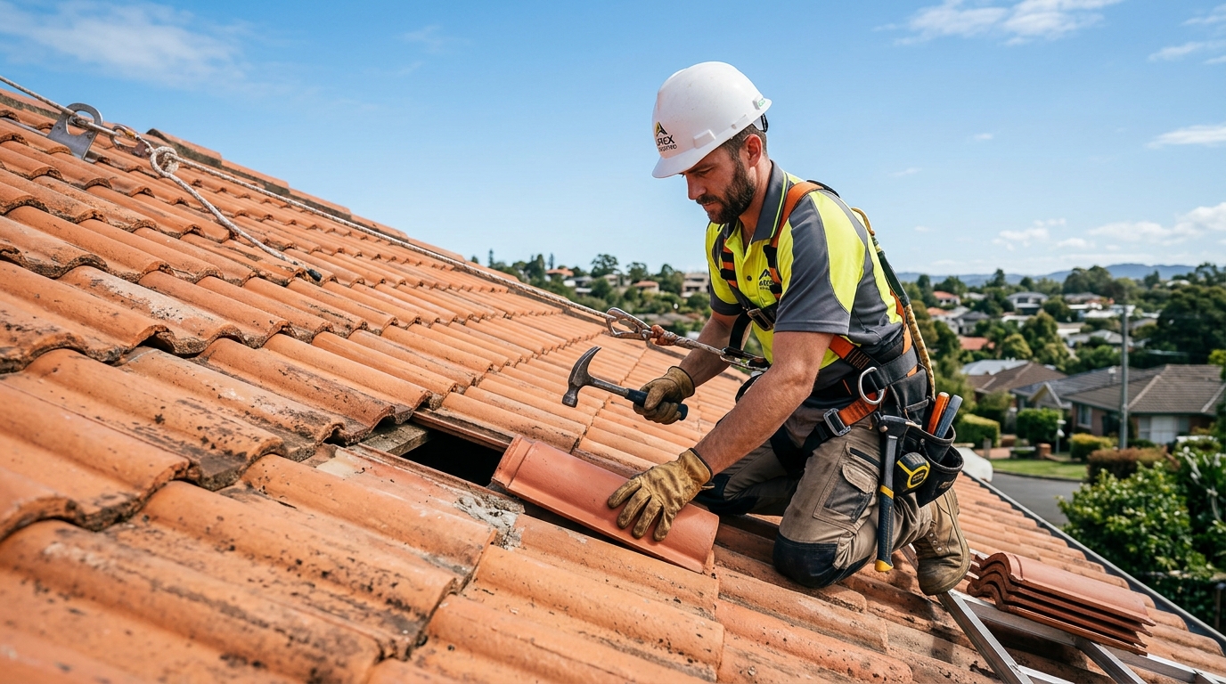 Professional Male Roofing Contractor Repairing Sloped Roof Tiles with Safety Harness