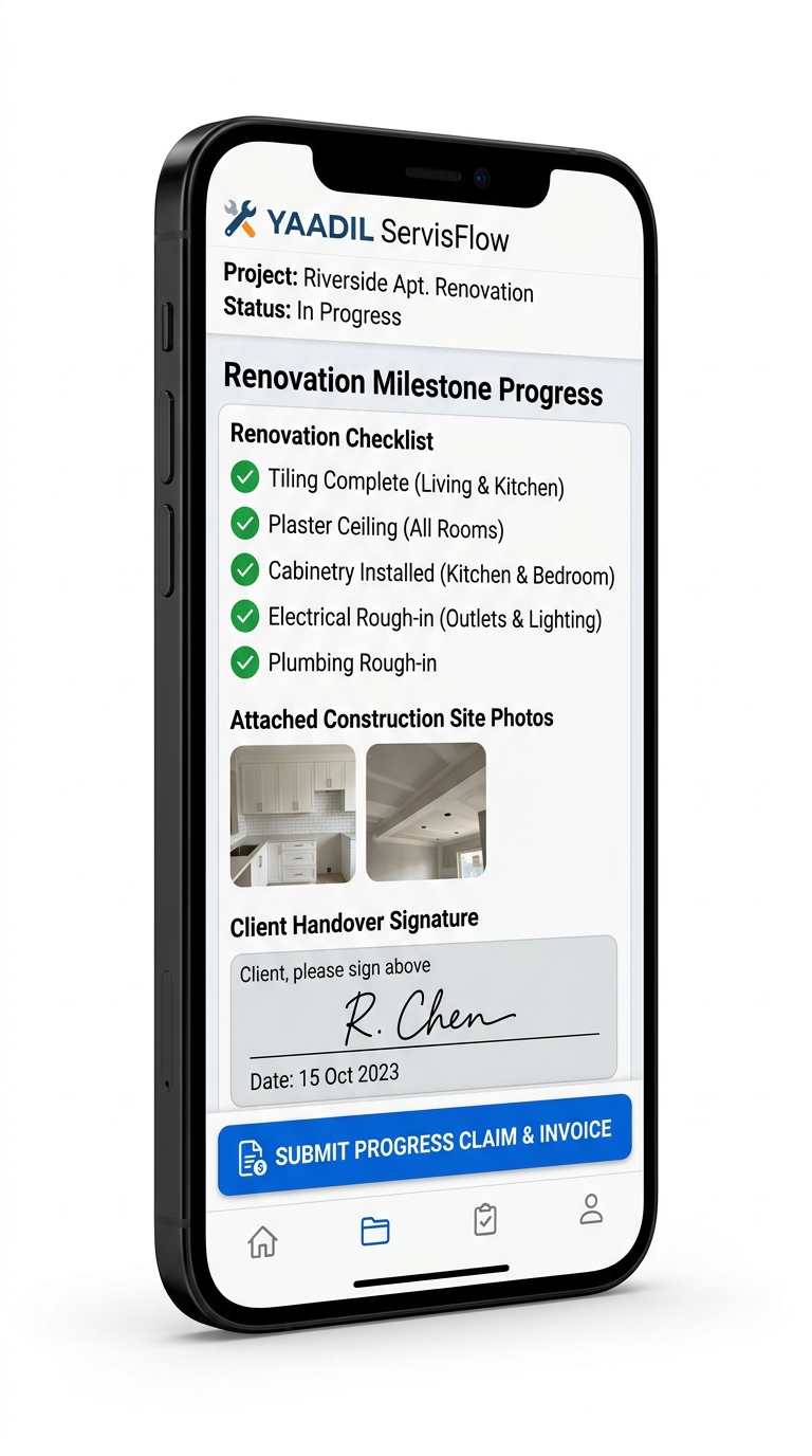 YAADIL ServisFlow Mobile Contractor App Renovation Milestone Checklist on Smartphone
