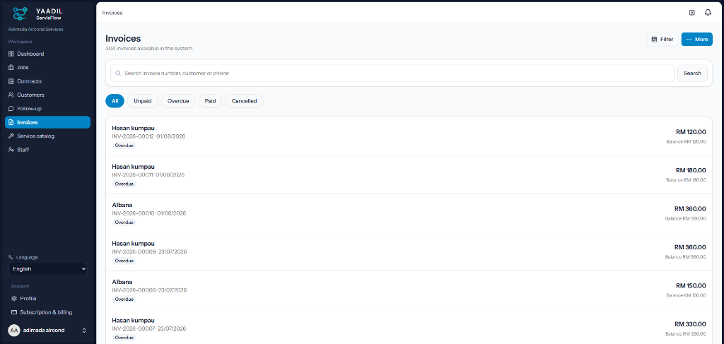 YAADIL ServisFlow HVAC Invoices and Billing Management Interface