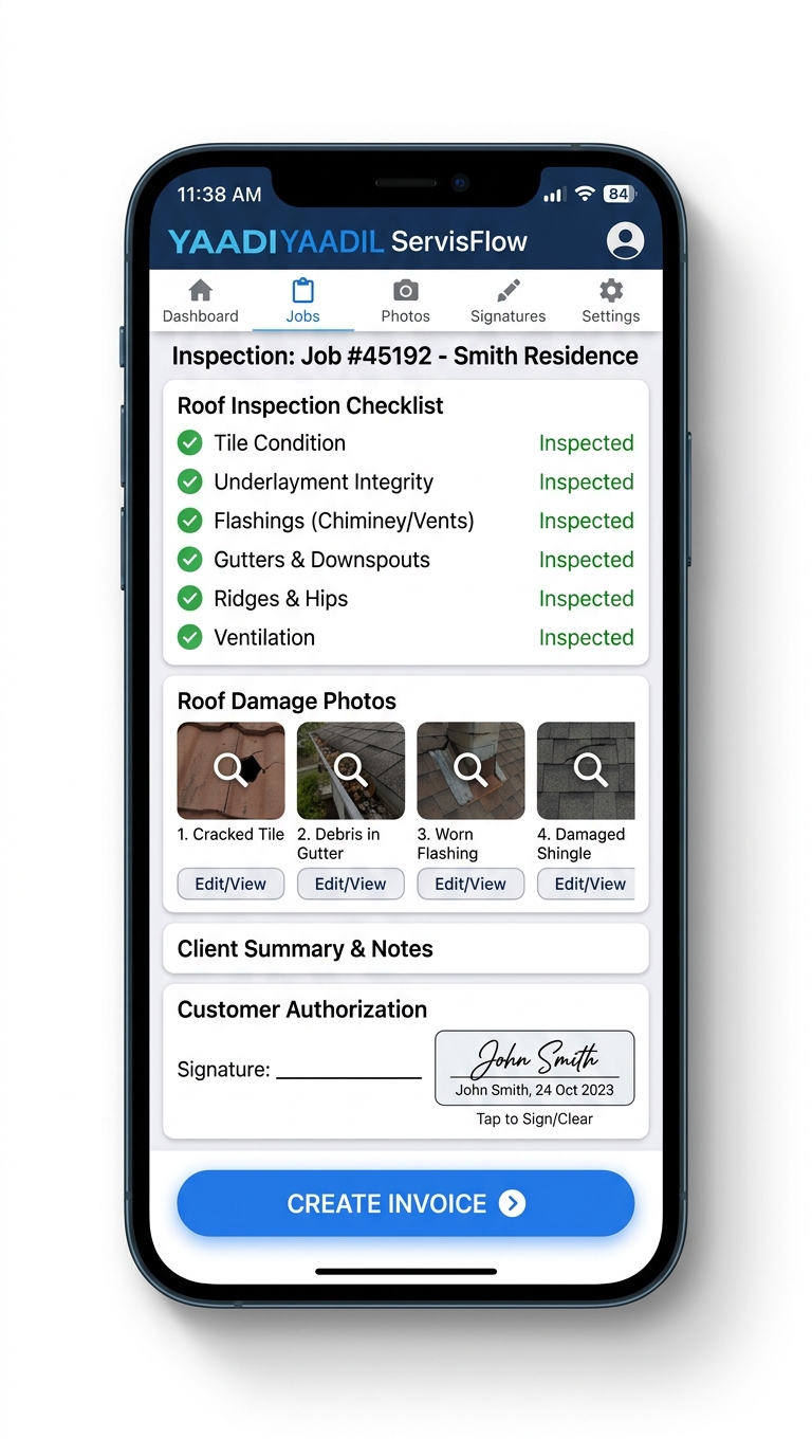 YAADIL ServisFlow Mobile Field App for Roof Inspection on Smartphone