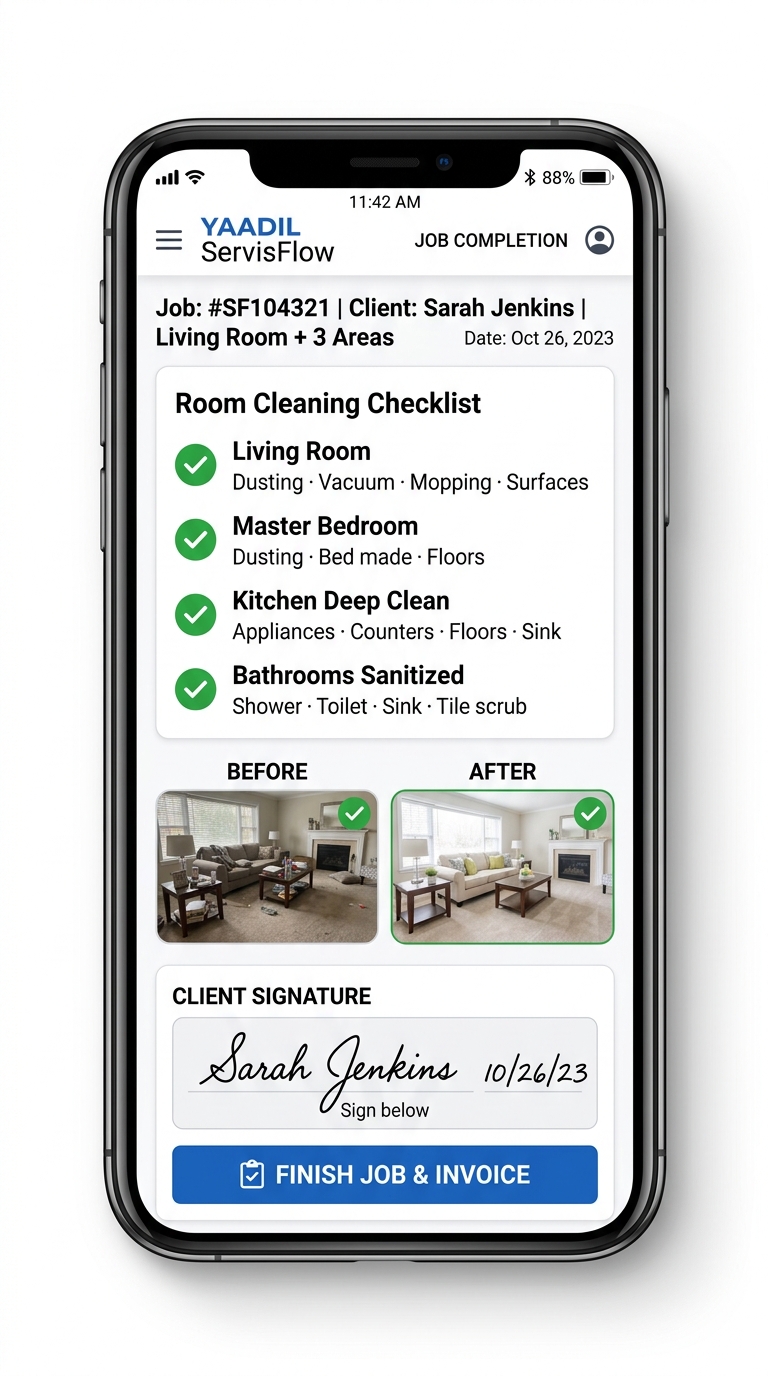 YAADIL ServisFlow Mobile Cleaning App Room Checklist on Smartphone