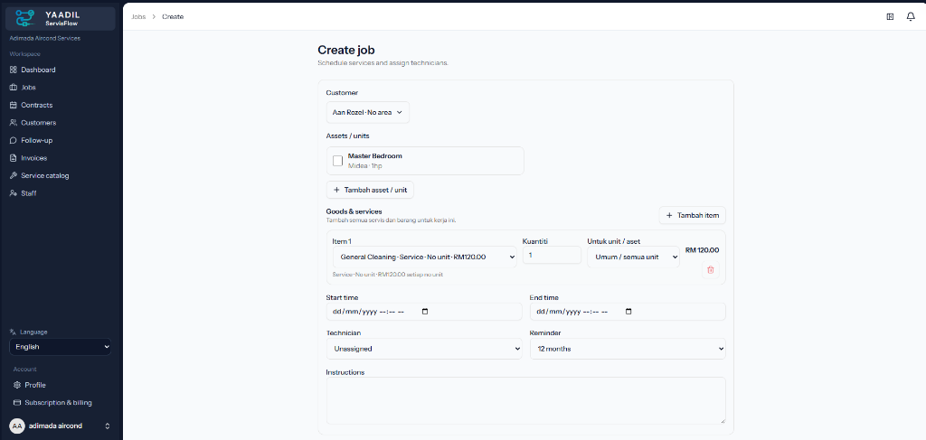 YAADIL ServisFlow Create Job Interface for Technician and Asset Assignment