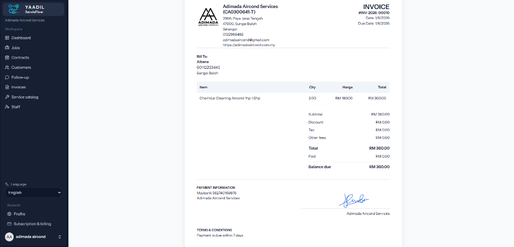 YAADIL ServisFlow Branded Invoice Template with Bank Details and Signature