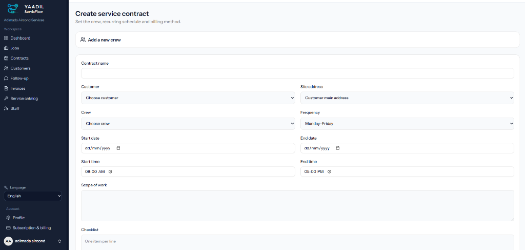 YAADIL ServisFlow Create Service Contract Interface for Recurring Schedules