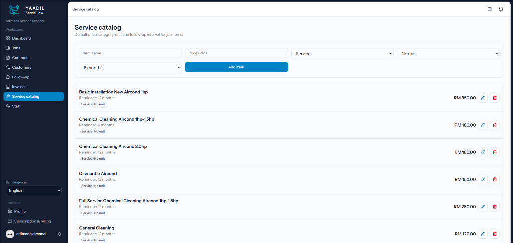 YAADIL ServisFlow Service Catalog and Pricing Management