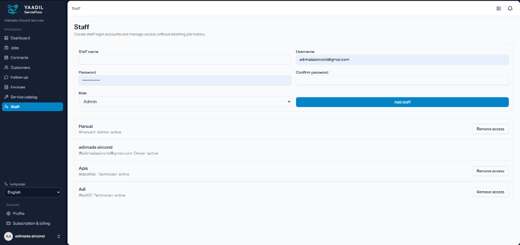 YAADIL ServisFlow Staff Accounts and Role-Based Permissions