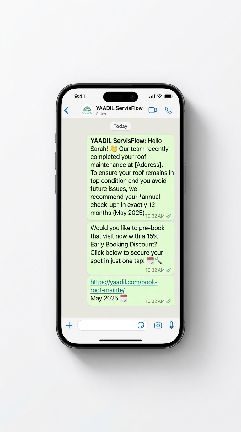 Automated WhatsApp Roof Maintenance Reminder on Smartphone Screen