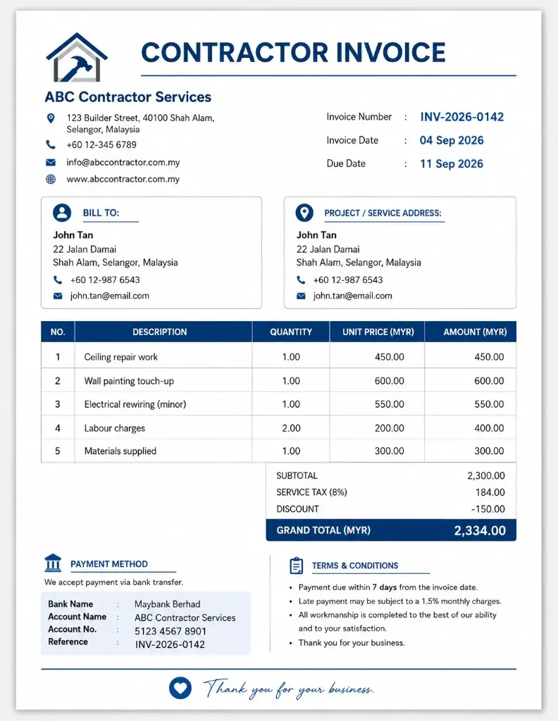 Contractor Invoice Example Sample Template Contractor Invoice Example Sample Template